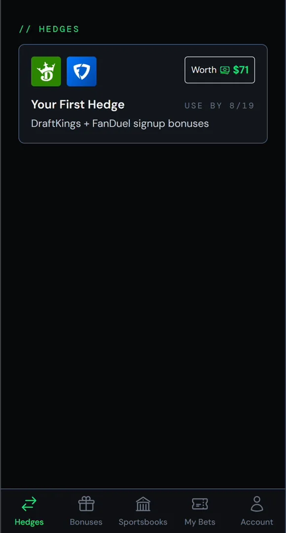 The Hedges tab in the Ungambled app showing Your First Hedge after two sportsbooks are funded
