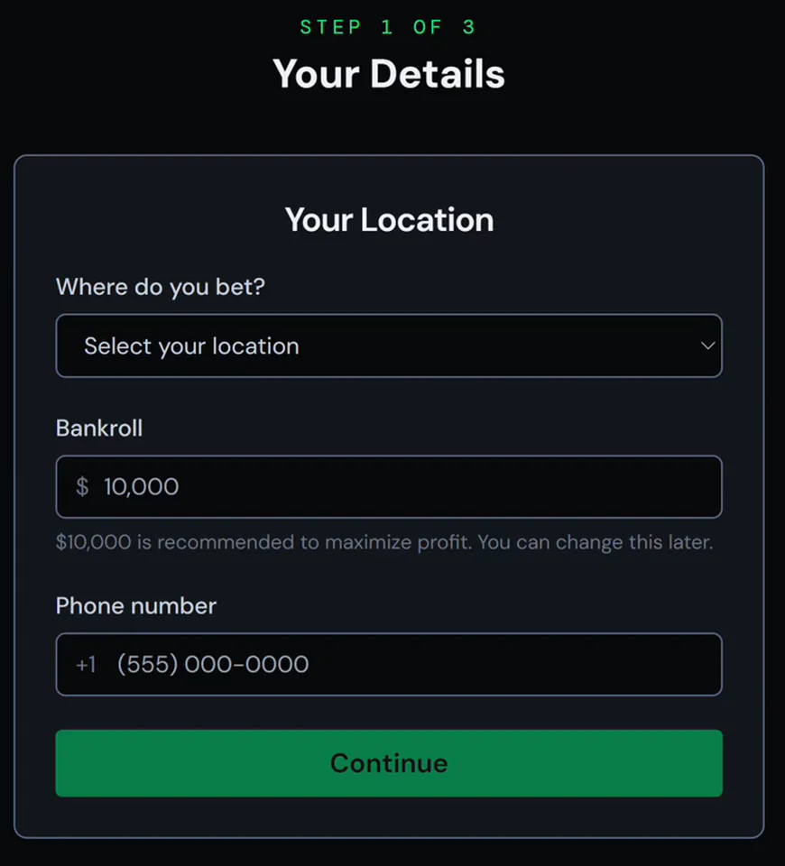 Onboarding step 1 in the Ungambled app: location, starting bankroll and phone number