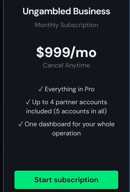 The Ungambled Business plan card in the app: $999 a month, monthly subscription, cancel anytime