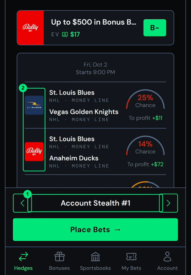 A Bally Bet signup bonus. The Account Stealth option sends nothing to FanDuel.